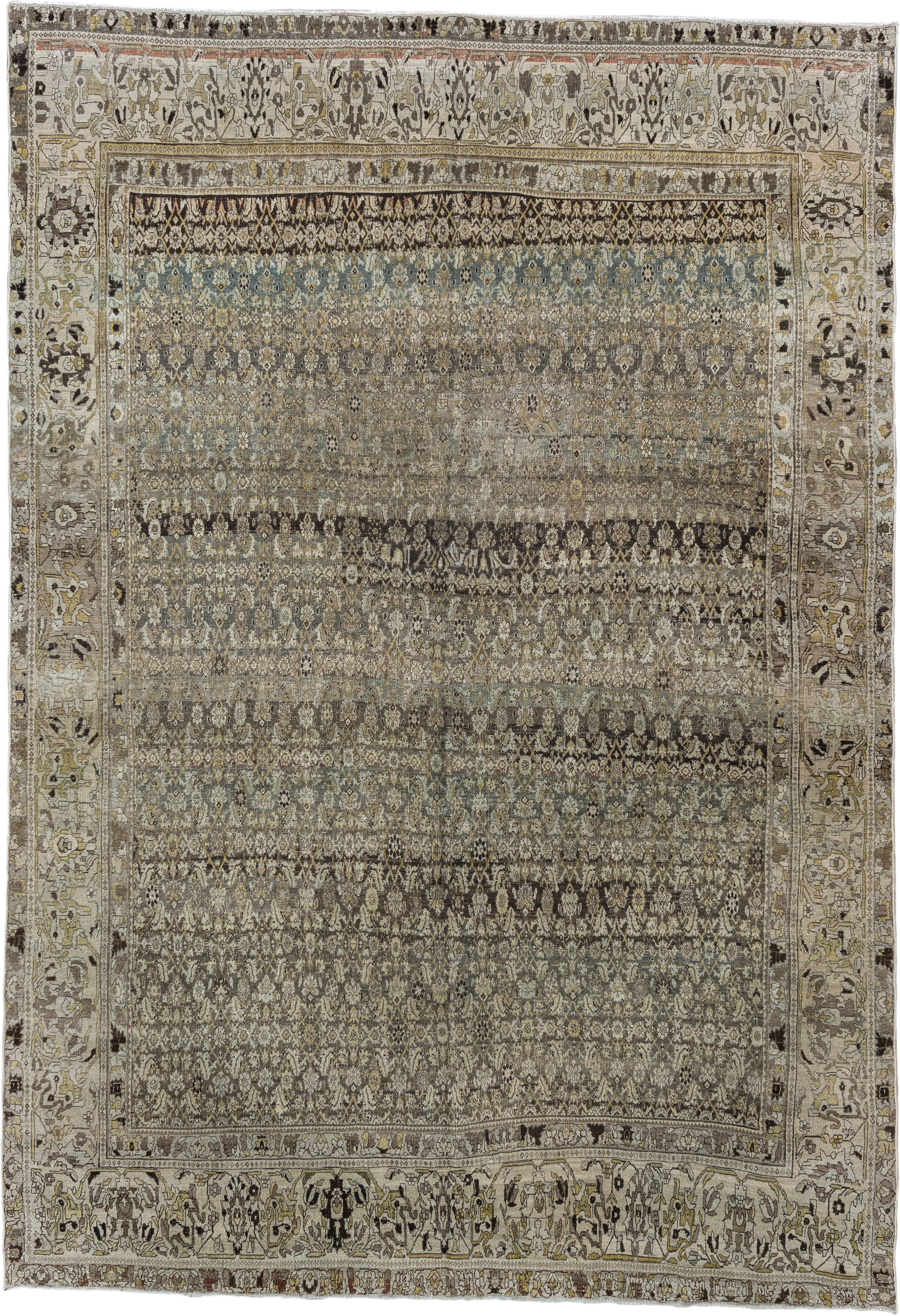 7' x 11' one-of-a-kind handmade vintage Bidjar large size rug. Color palette: taupe, ivory, charcoal, slate, gold, sage