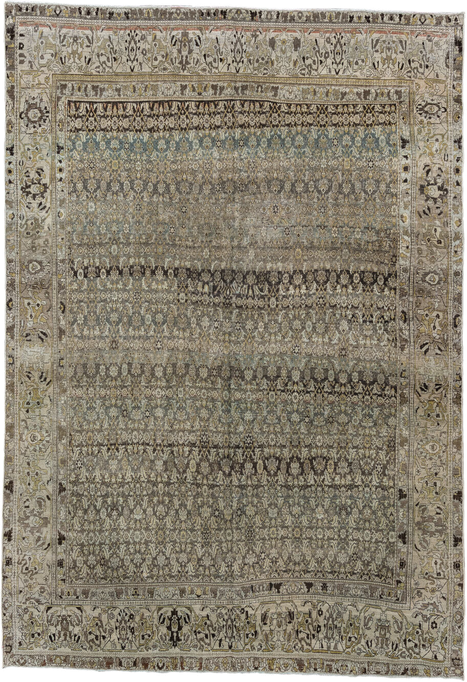 7' x 11' one-of-a-kind handmade vintage Bidjar large size rug. Color palette: taupe, ivory, charcoal, slate, gold, sage