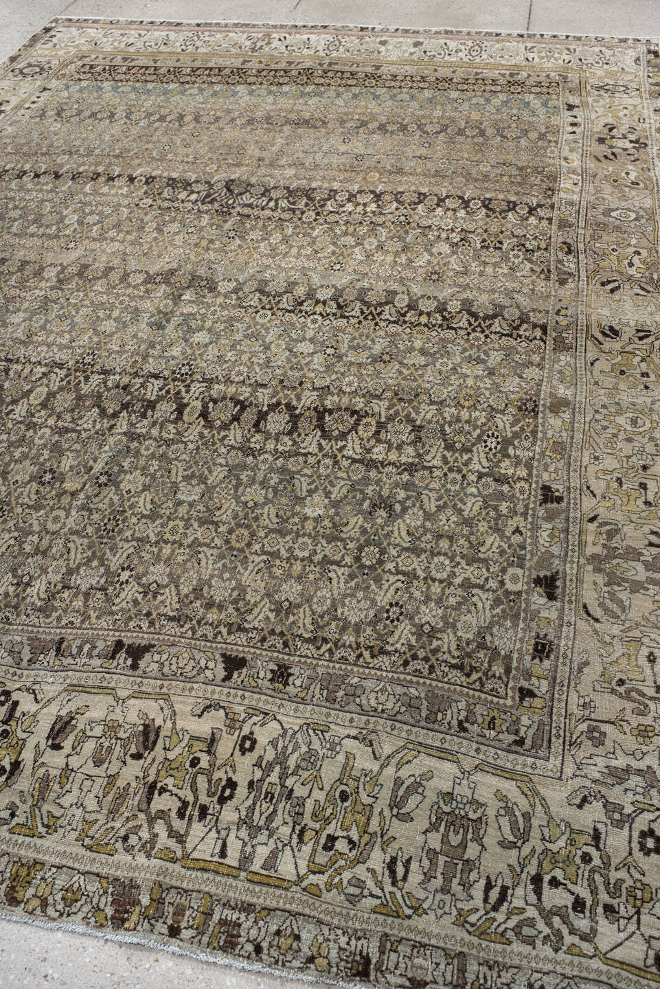 7' x 11' one-of-a-kind handmade vintage Bidjar large size rug. Color palette: taupe, ivory, charcoal, slate, gold, sage