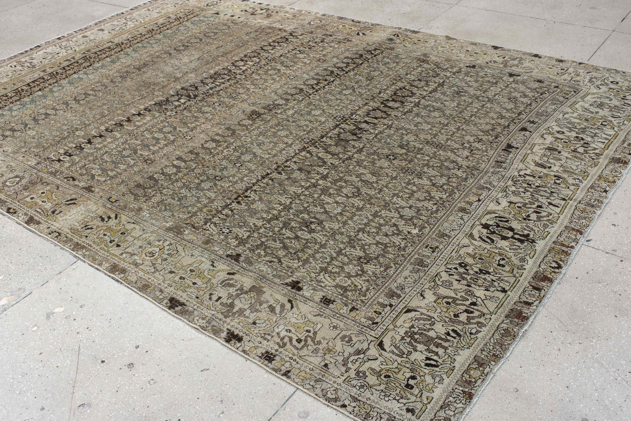 7' x 11' one-of-a-kind handmade vintage Bidjar large size rug. Color palette: taupe, ivory, charcoal, slate, gold, sage
