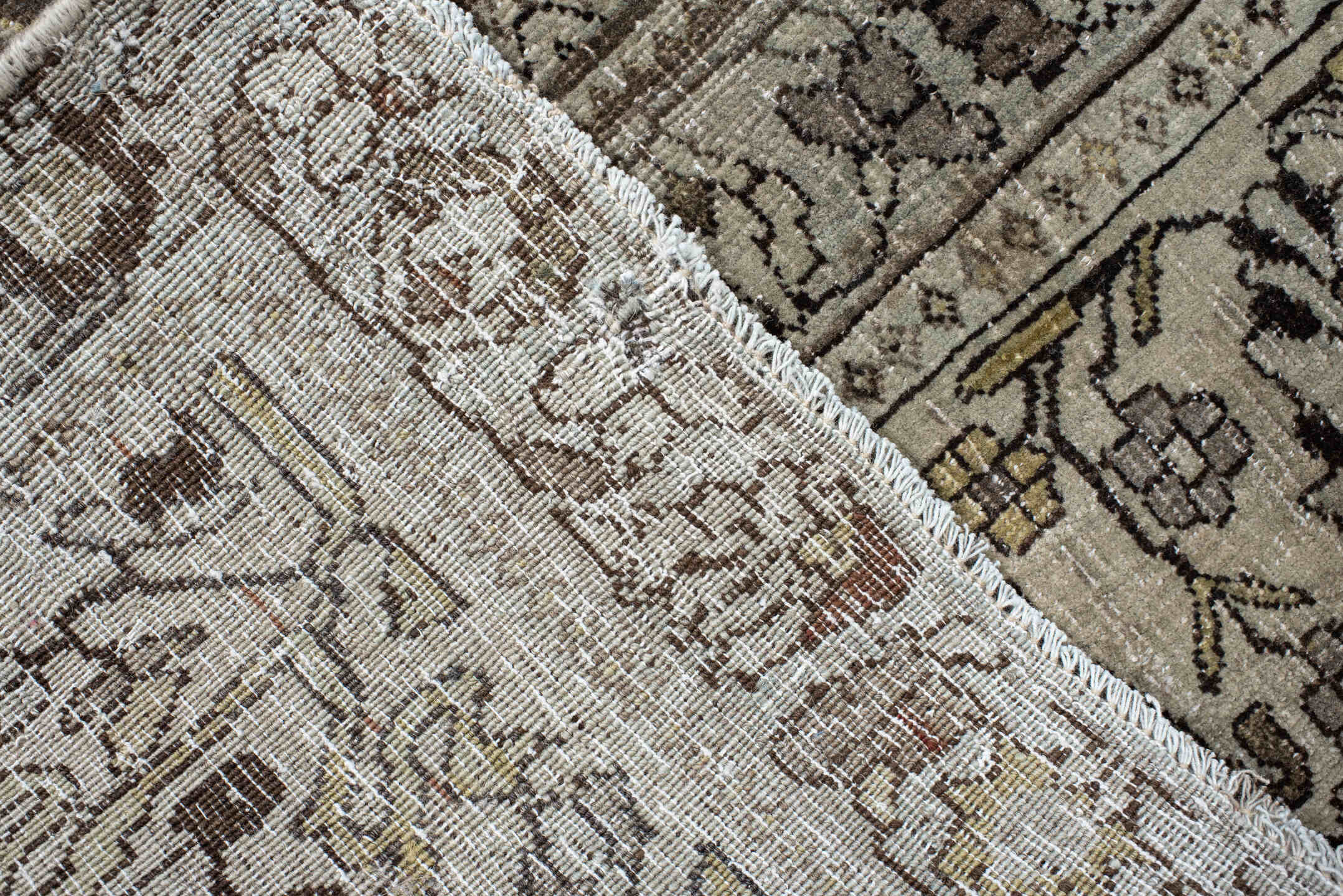 7' x 11' one-of-a-kind handmade vintage Bidjar large size rug. Color palette: taupe, ivory, charcoal, slate, gold, sage