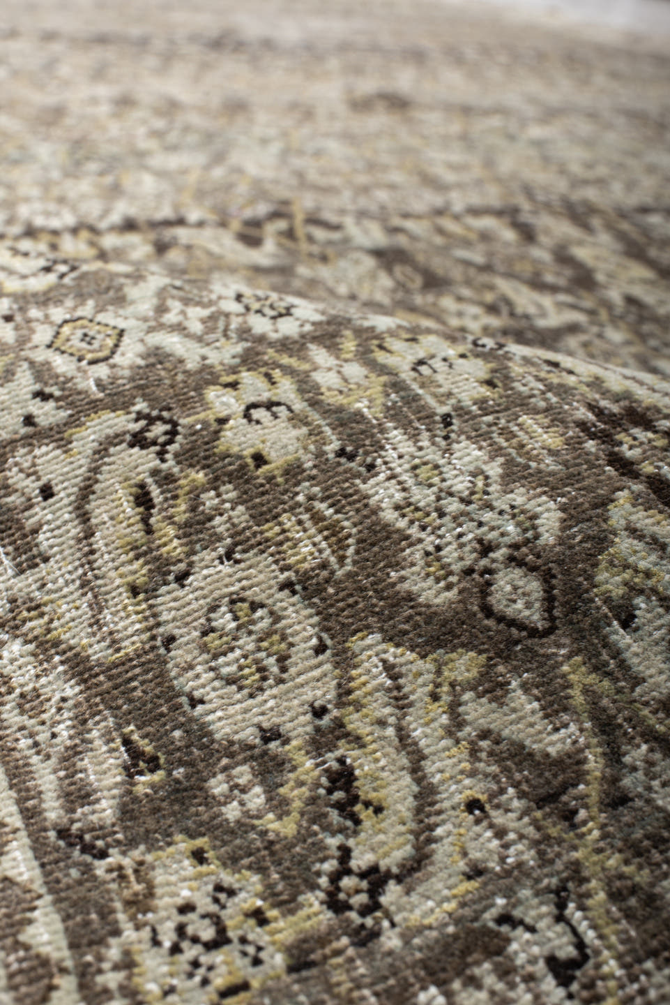 7' x 11' one-of-a-kind handmade vintage Bidjar large size rug. Color palette: taupe, ivory, charcoal, slate, gold, sage