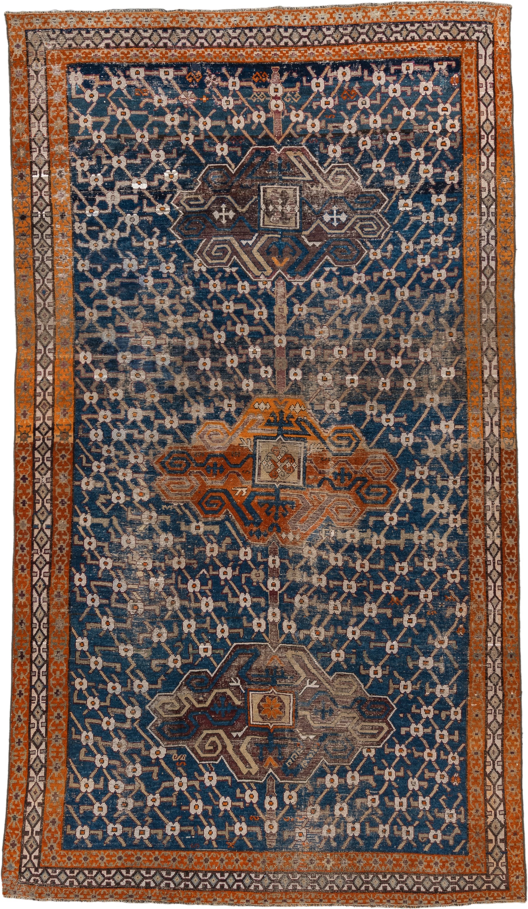 6' x 11' one-of-a-kind handmade vintage Caucasian large size rug. Color palette: blue, rust, ivory, brown, taupe, charcoal