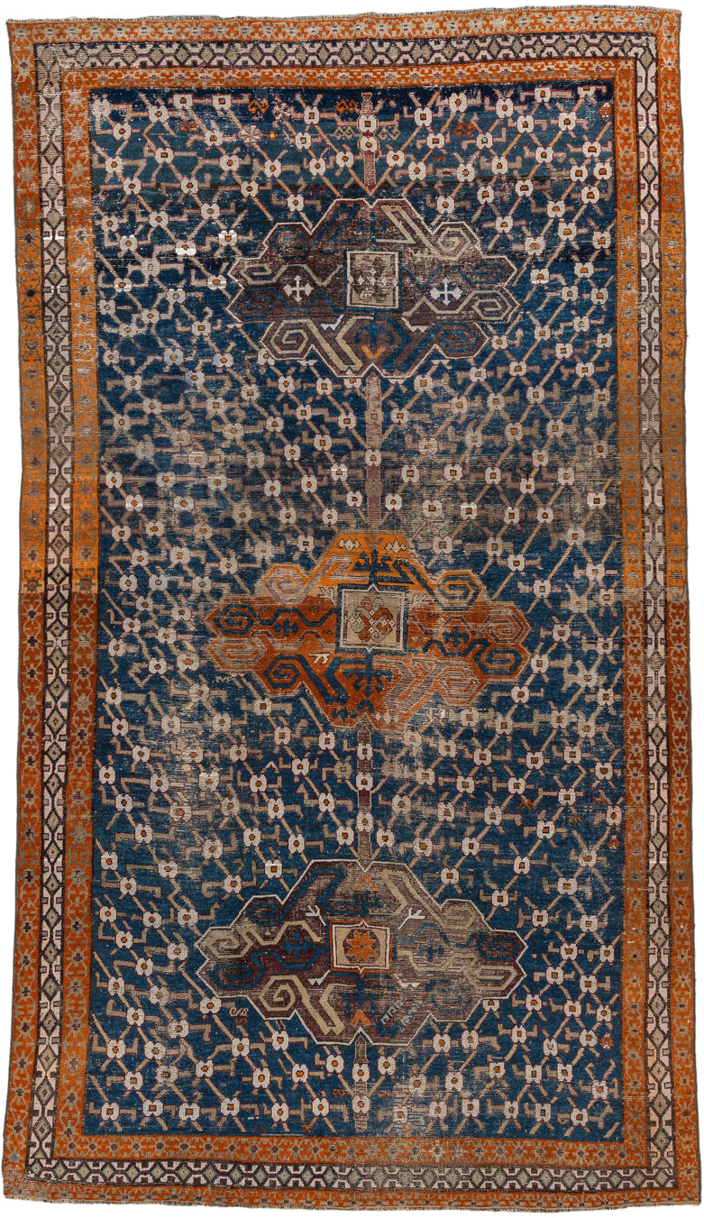 6' x 11' one-of-a-kind handmade vintage Caucasian large size rug. Color palette: blue, rust, ivory, brown, taupe, charcoal