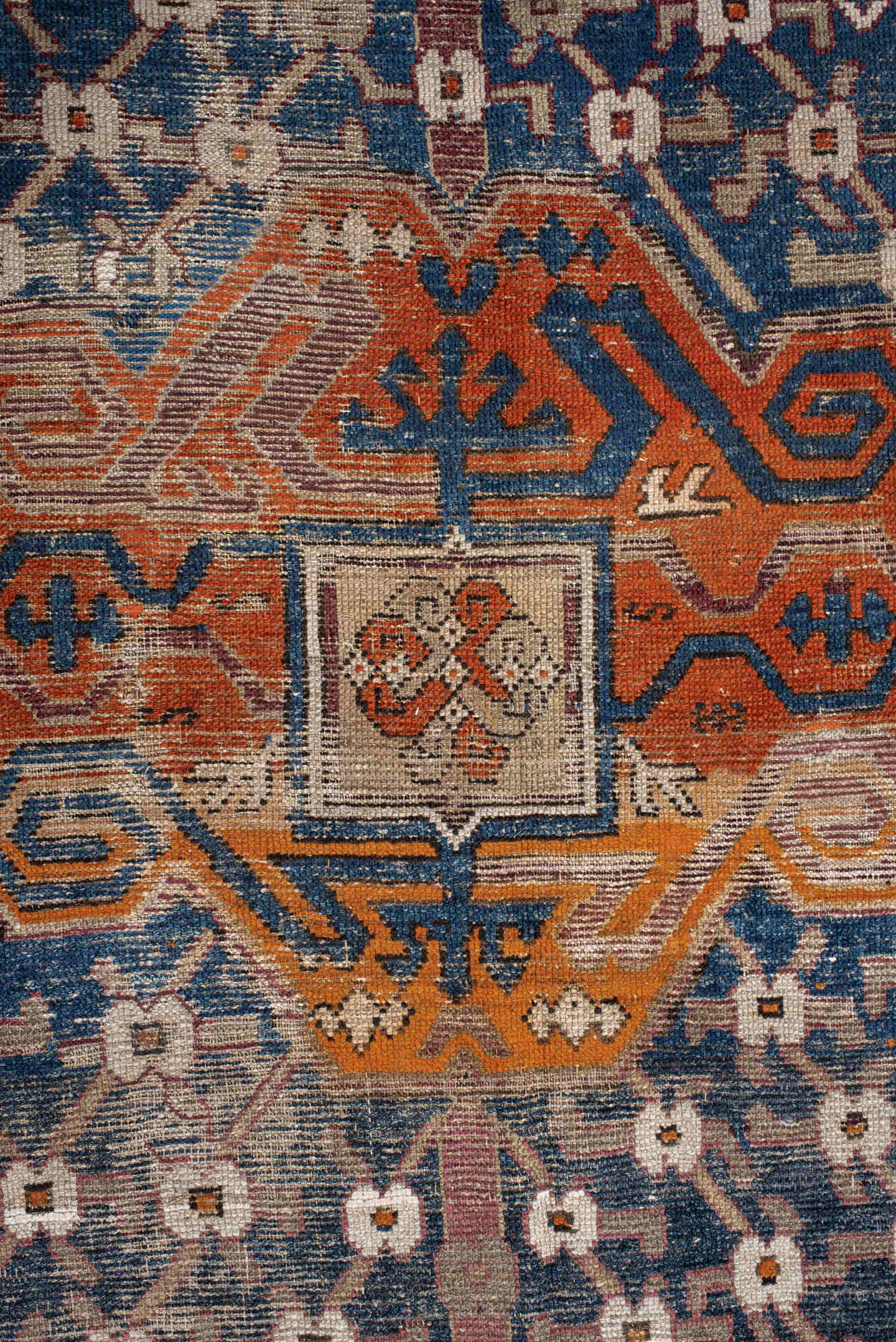 6' x 11' one-of-a-kind handmade vintage Caucasian large size rug. Color palette: blue, rust, ivory, brown, taupe, charcoal