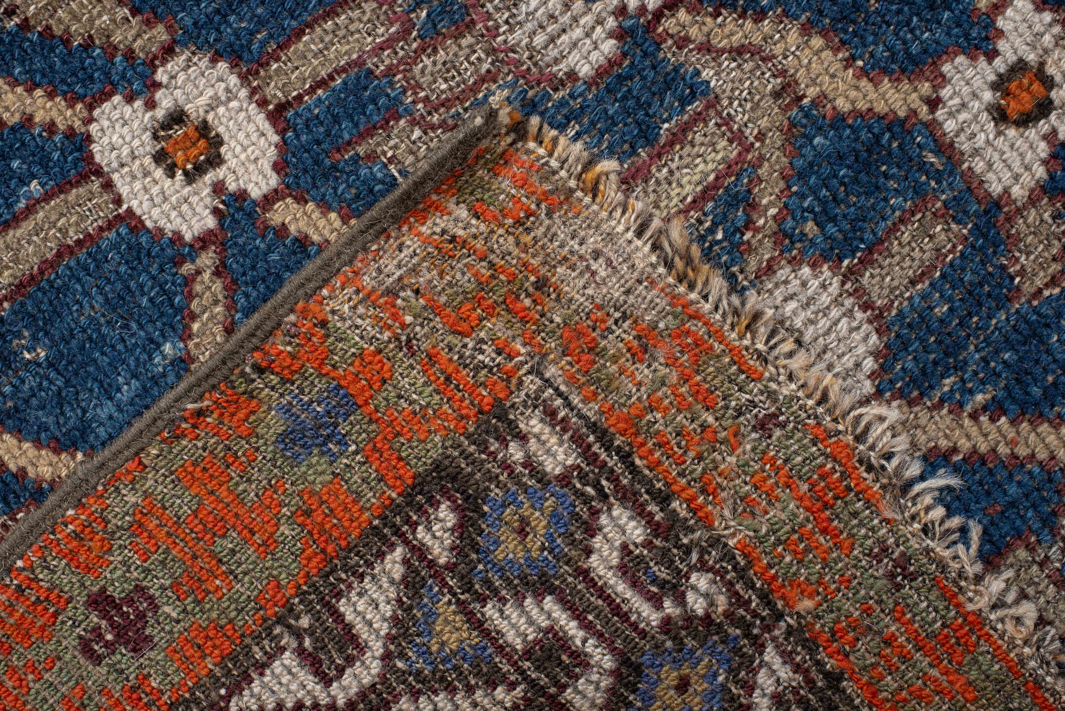 6' x 11' one-of-a-kind handmade vintage Caucasian large size rug. Color palette: blue, rust, ivory, brown, taupe, charcoal