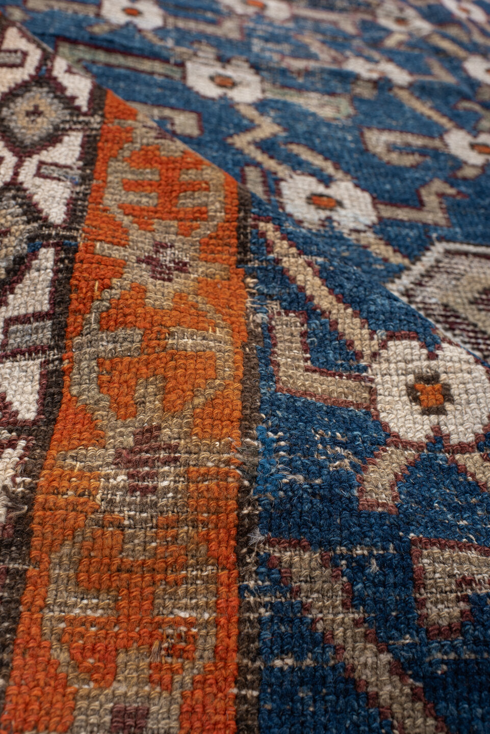 6' x 11' one-of-a-kind handmade vintage Caucasian large size rug. Color palette: blue, rust, ivory, brown, taupe, charcoal