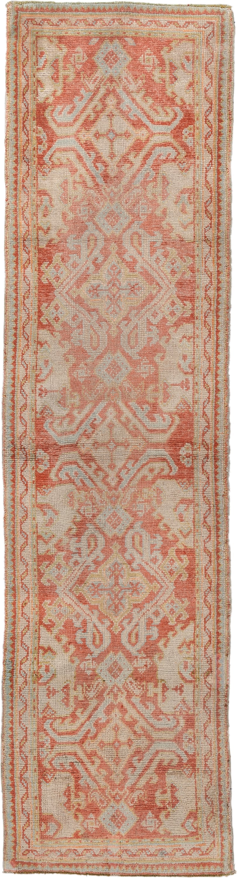 3' x 12' one-of-a-kind handmade vintage Oushak runner rug. Color palette: ivory, coral, peach, salmon, beige, taupe