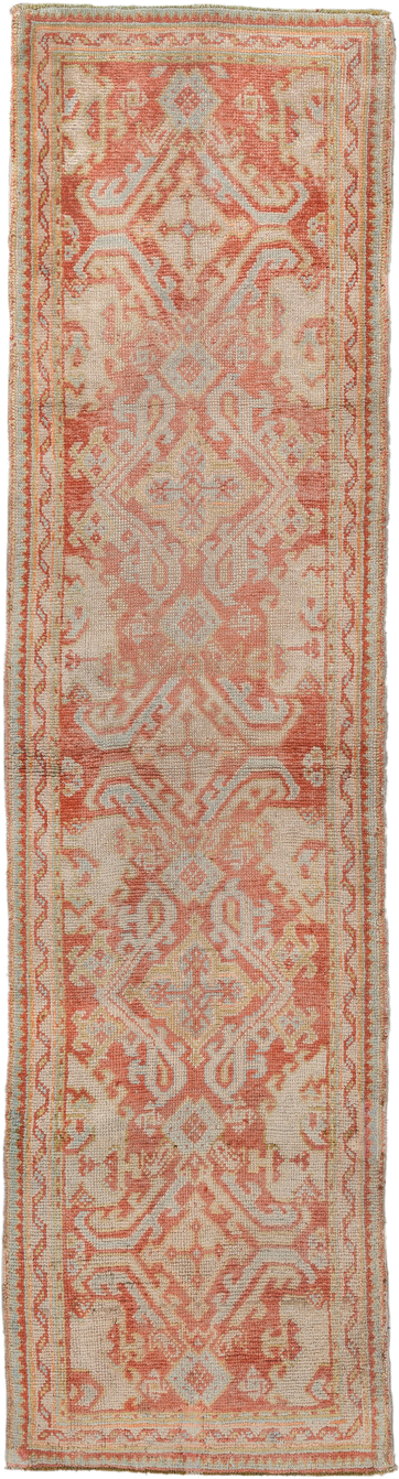 3' x 12' one-of-a-kind handmade vintage Oushak runner rug. Color palette: ivory, coral, peach, salmon, beige, taupe