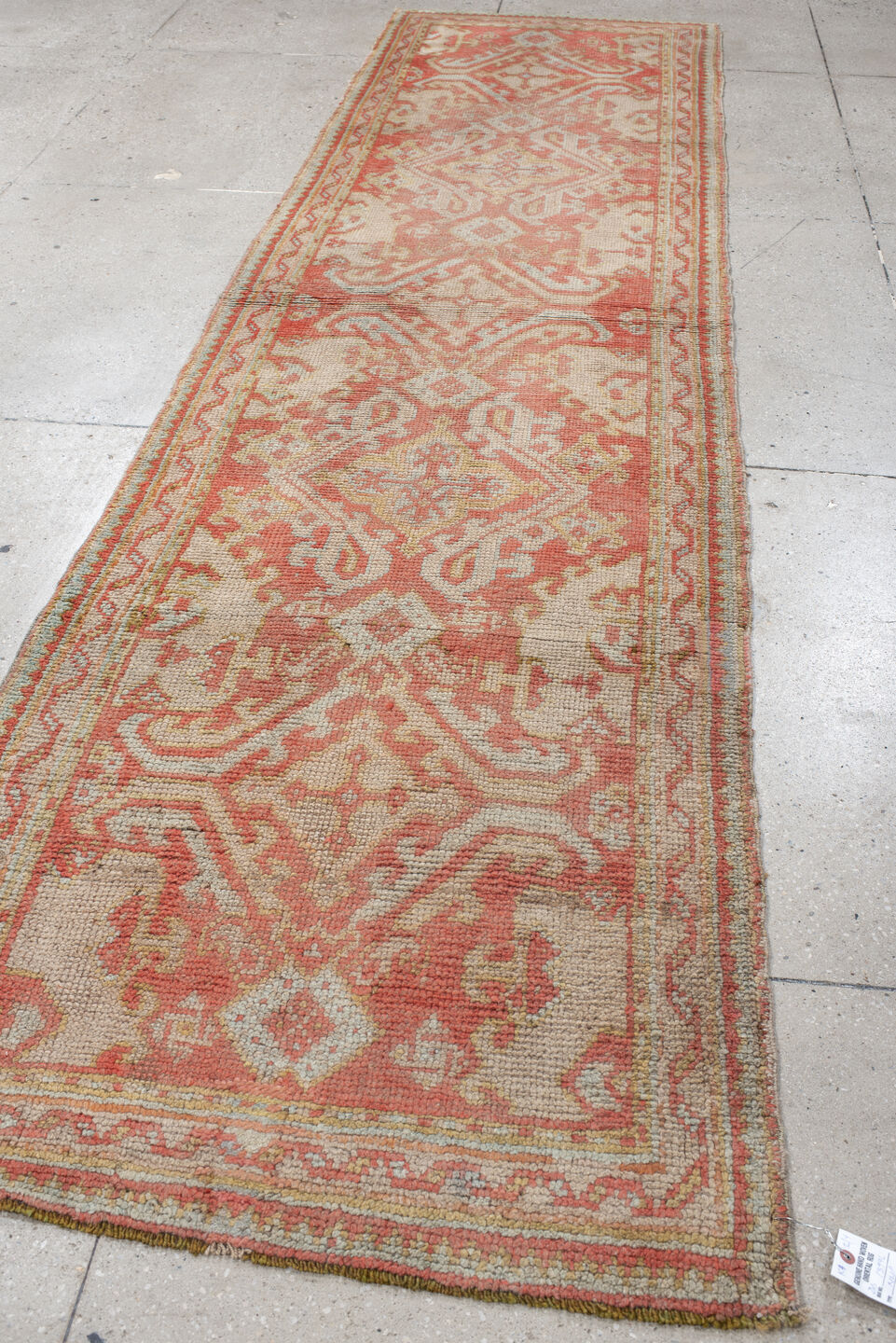 3' x 12' one-of-a-kind handmade vintage Oushak runner rug. Color palette: ivory, coral, peach, salmon, beige, taupe