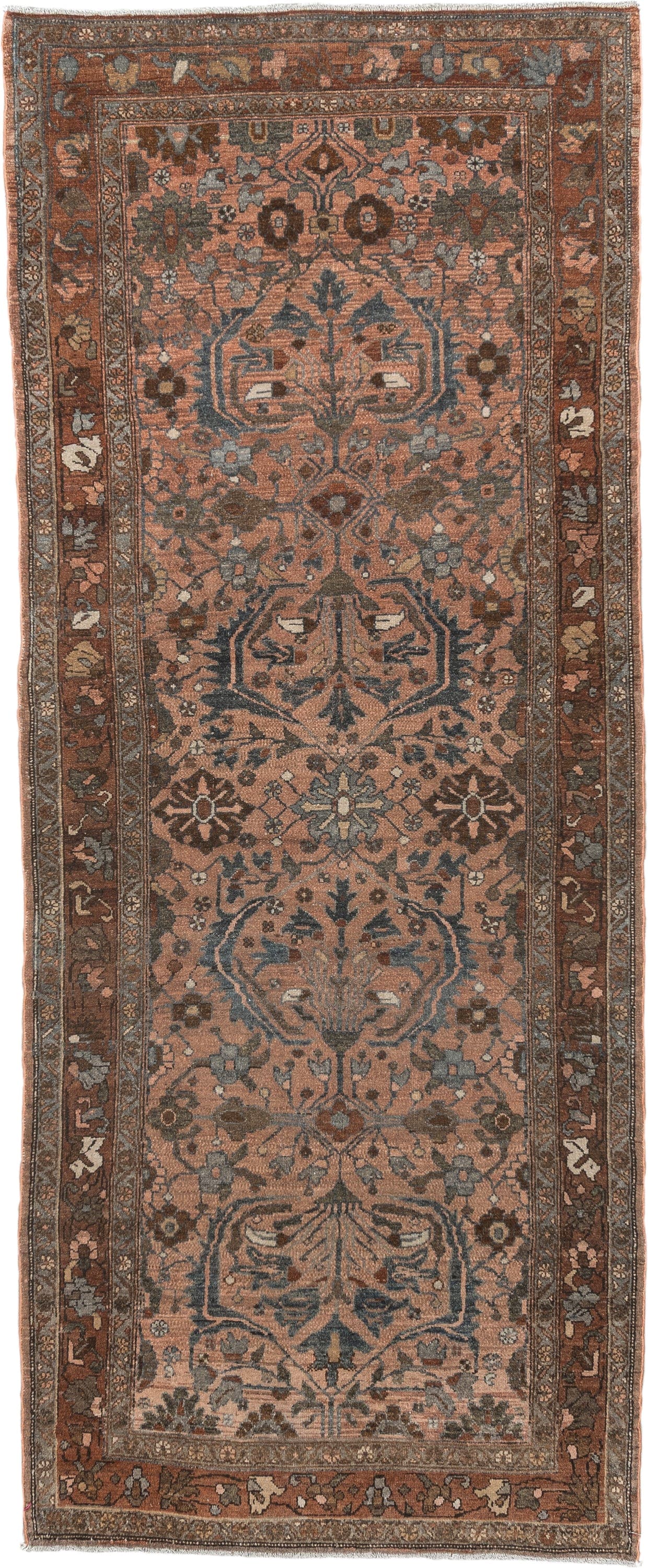 3' x 9' one-of-a-kind handmade vintage Lilian runner rug. Color palette: terra cotta, rust, slate, taupe, brown, ivory