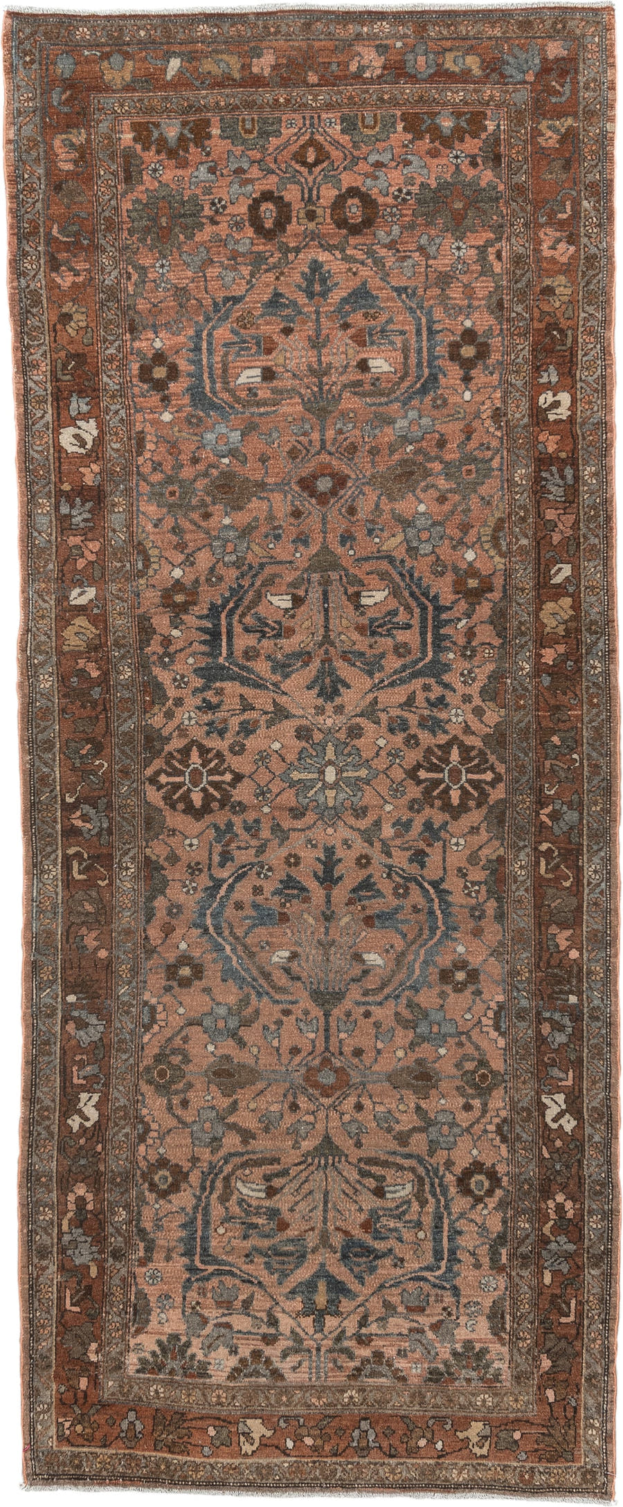 3' x 9' one-of-a-kind handmade vintage Lilian runner rug. Color palette: terra cotta, rust, slate, taupe, brown, ivory