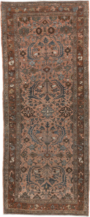 3' x 9' one-of-a-kind handmade vintage Lilian runner rug. Color palette: terra cotta, rust, slate, taupe, brown, ivory