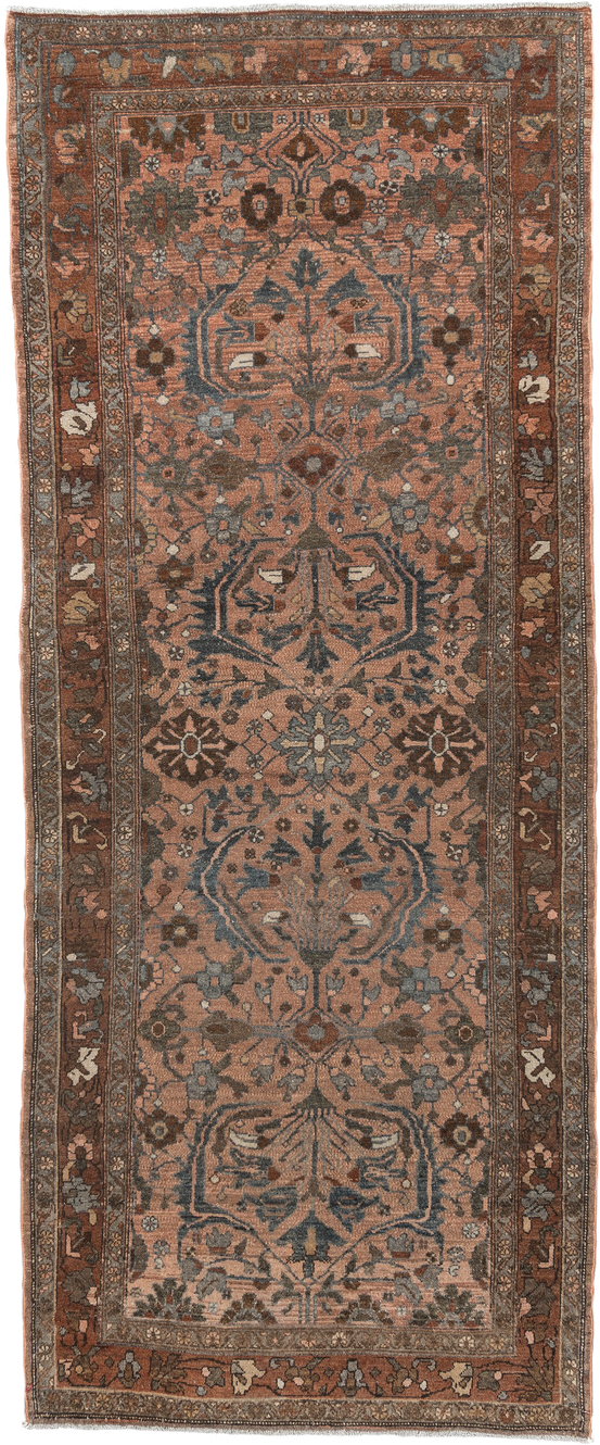 3' x 9' one-of-a-kind handmade vintage Lilian runner rug. Color palette: terra cotta, rust, slate, taupe, brown, ivory