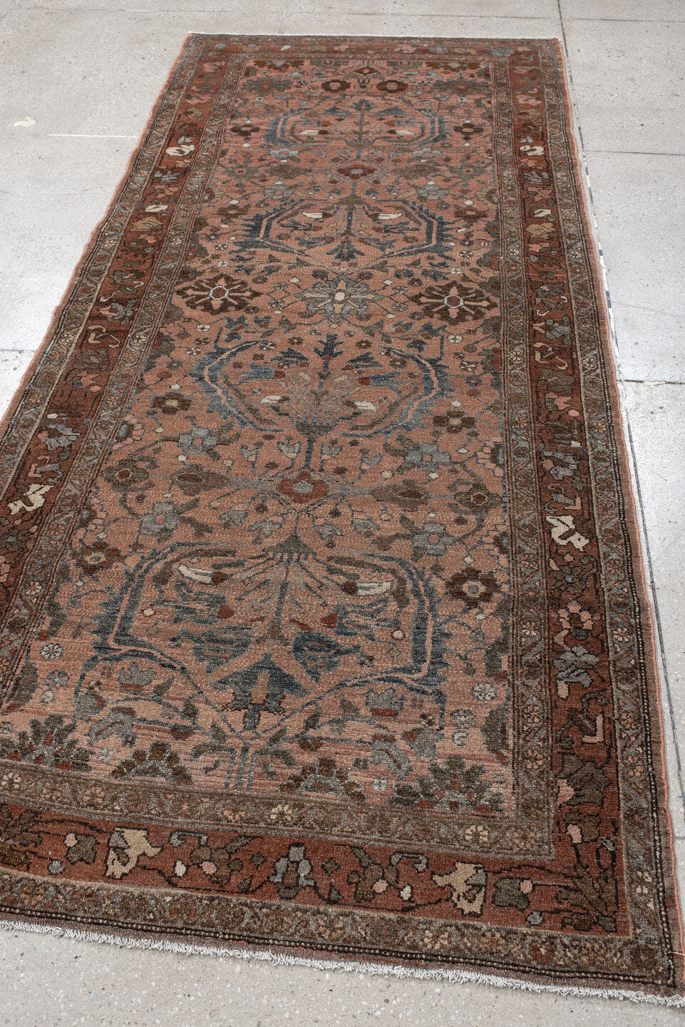 3' x 9' one-of-a-kind handmade vintage Lilian runner rug. Color palette: terra cotta, rust, slate, taupe, brown, ivory