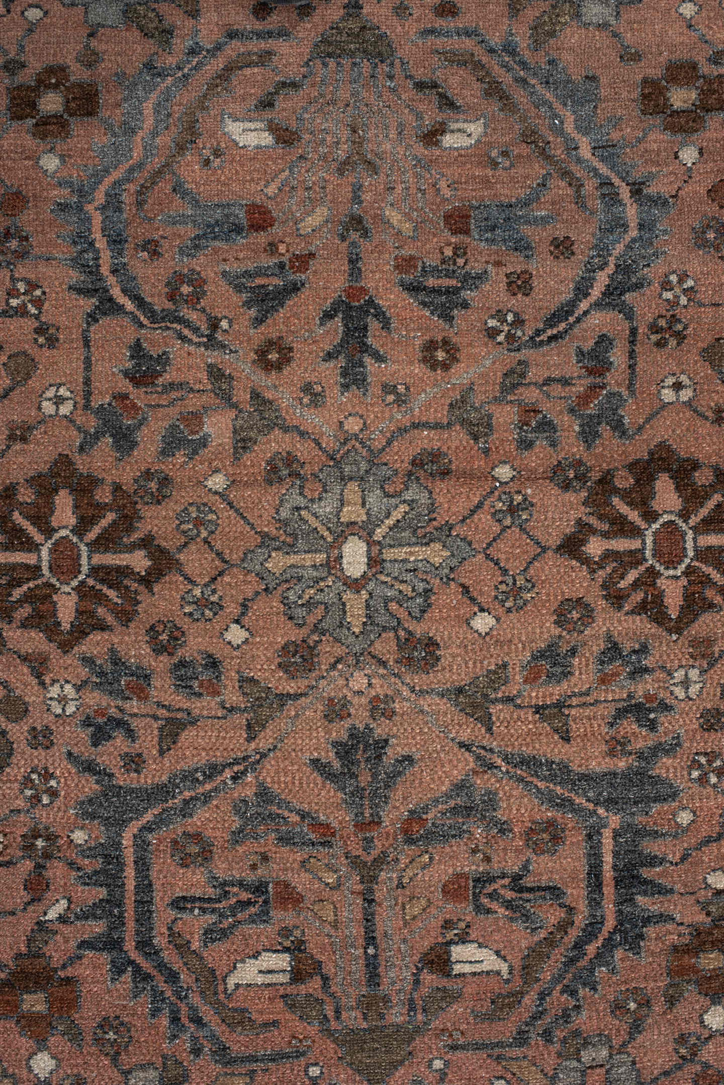 3' x 9' one-of-a-kind handmade vintage Lilian runner rug. Color palette: terra cotta, rust, slate, taupe, brown, ivory