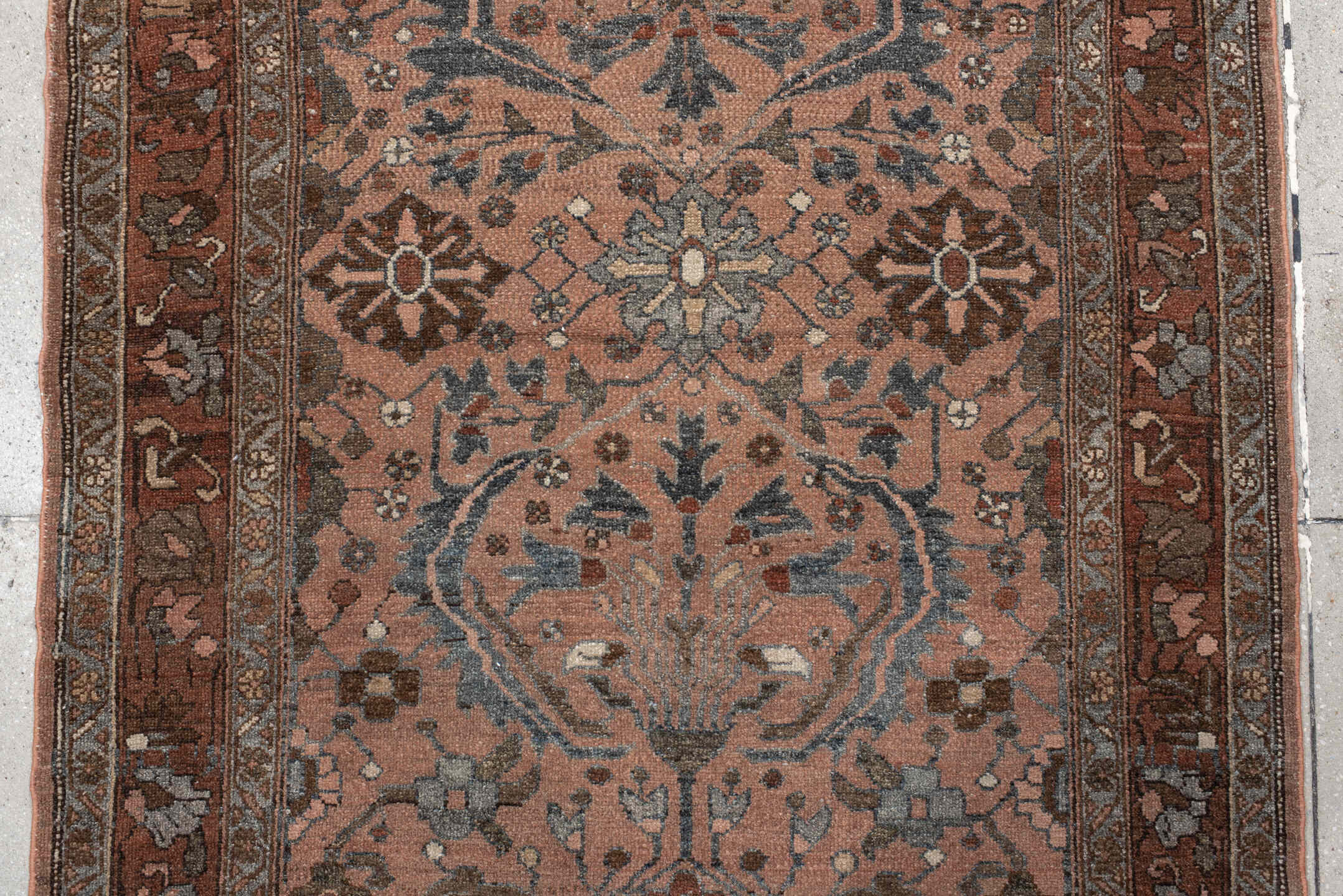 3' x 9' one-of-a-kind handmade vintage Lilian runner rug. Color palette: terra cotta, rust, slate, taupe, brown, ivory
