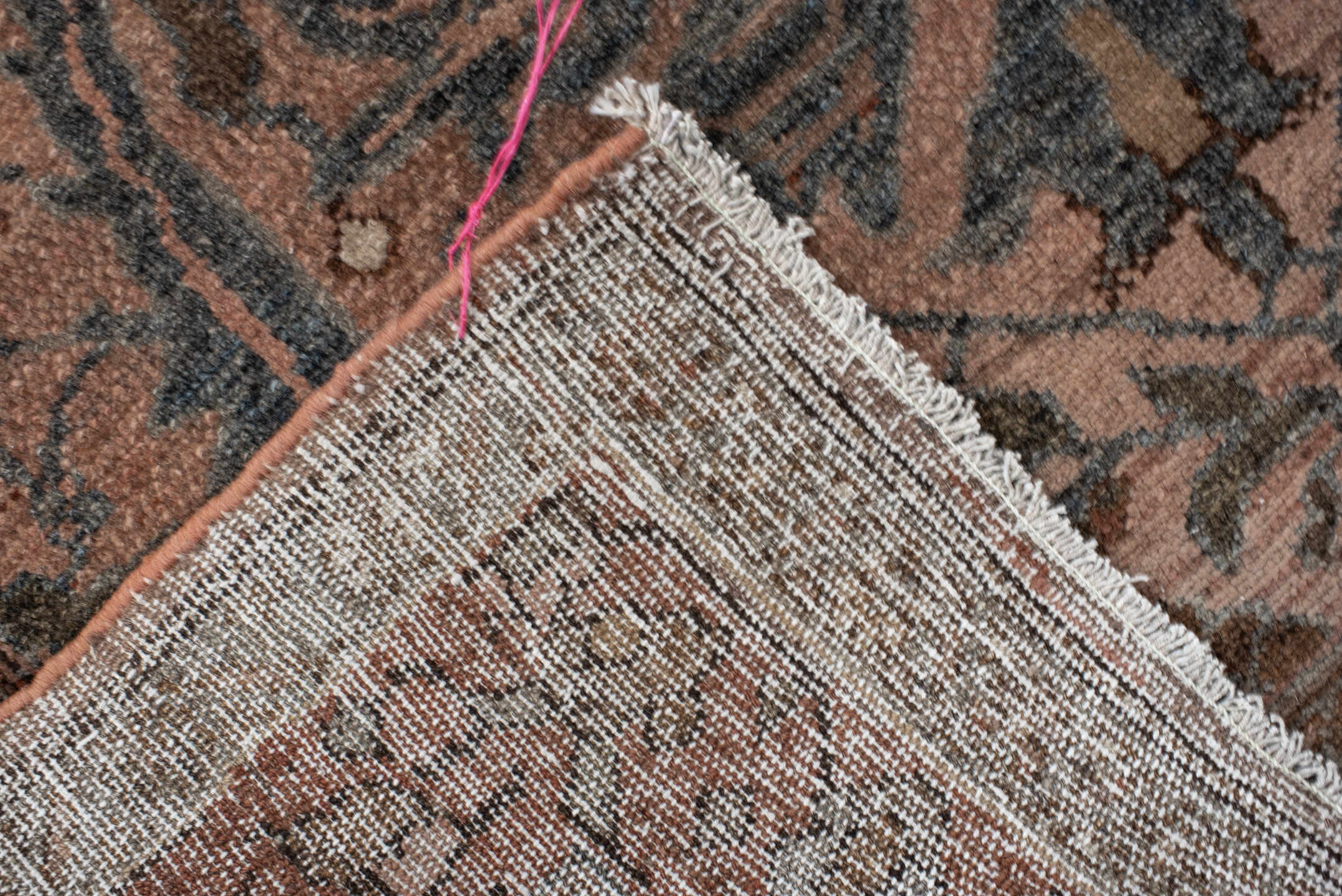 3' x 9' one-of-a-kind handmade vintage Lilian runner rug. Color palette: terra cotta, rust, slate, taupe, brown, ivory