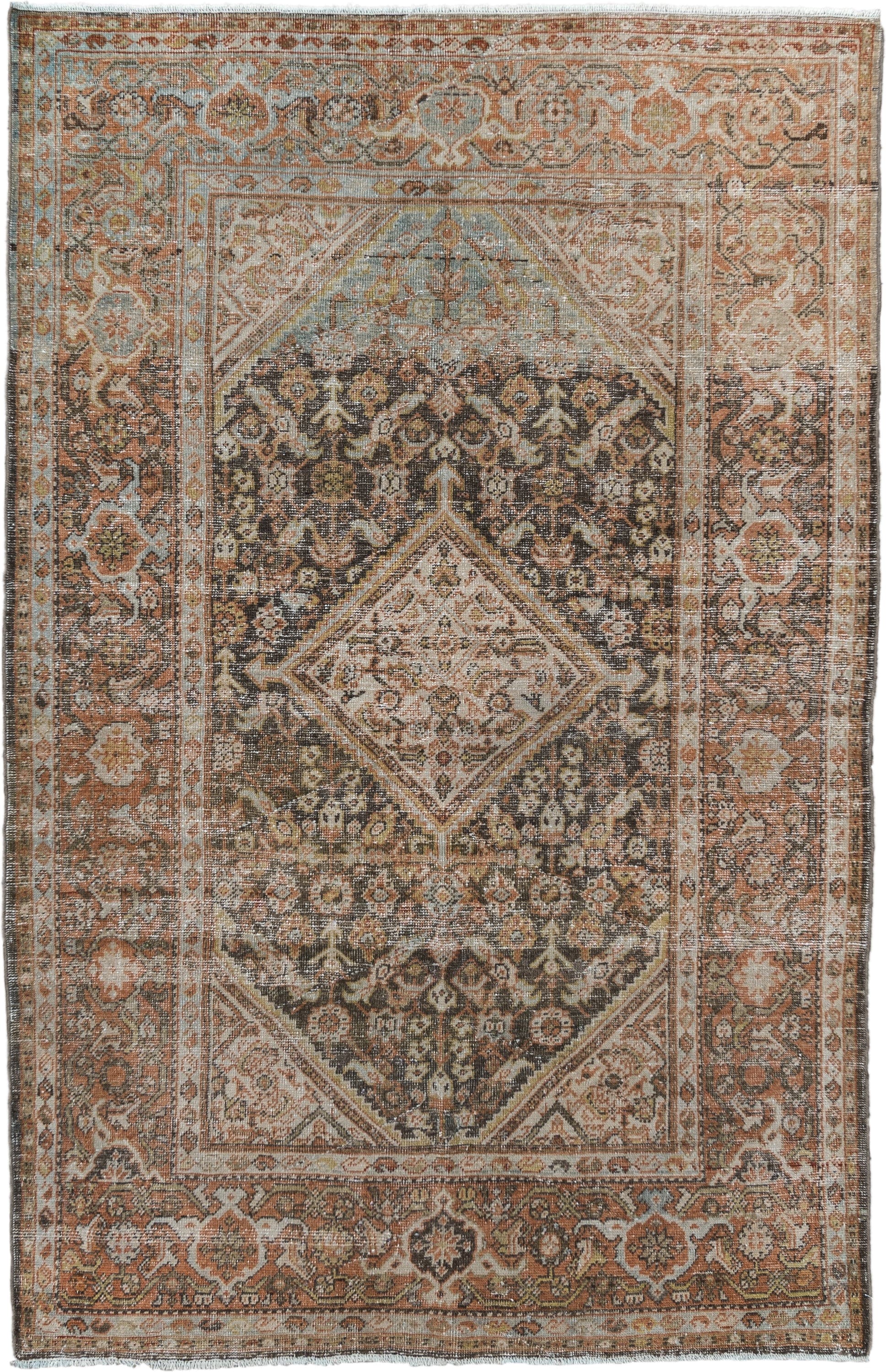4' x 6' one-of-a-kind handmade vintage Mahal small size rug. Color palette: rust, ivory, charcoal, taupe, sage, camel, brown