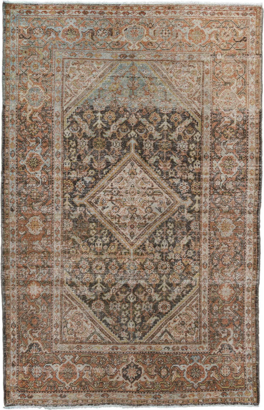 4' x 6' one-of-a-kind handmade vintage Mahal small size rug. Color palette: rust, ivory, charcoal, taupe, sage, camel, brown