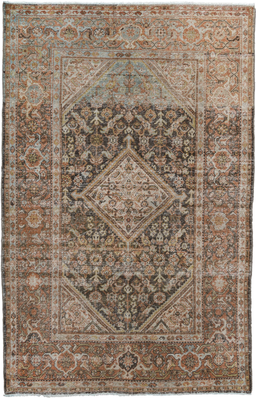 4' x 6' one-of-a-kind handmade vintage Mahal small size rug. Color palette: rust, ivory, charcoal, taupe, sage, camel, brown