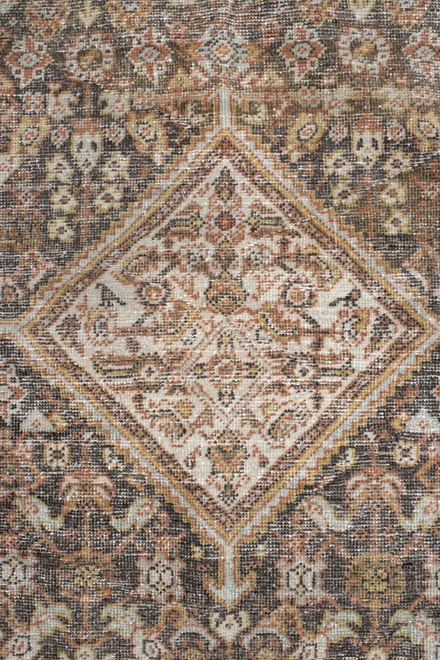 4' x 6' one-of-a-kind handmade vintage Mahal small size rug. Color palette: rust, ivory, charcoal, taupe, sage, camel, brown