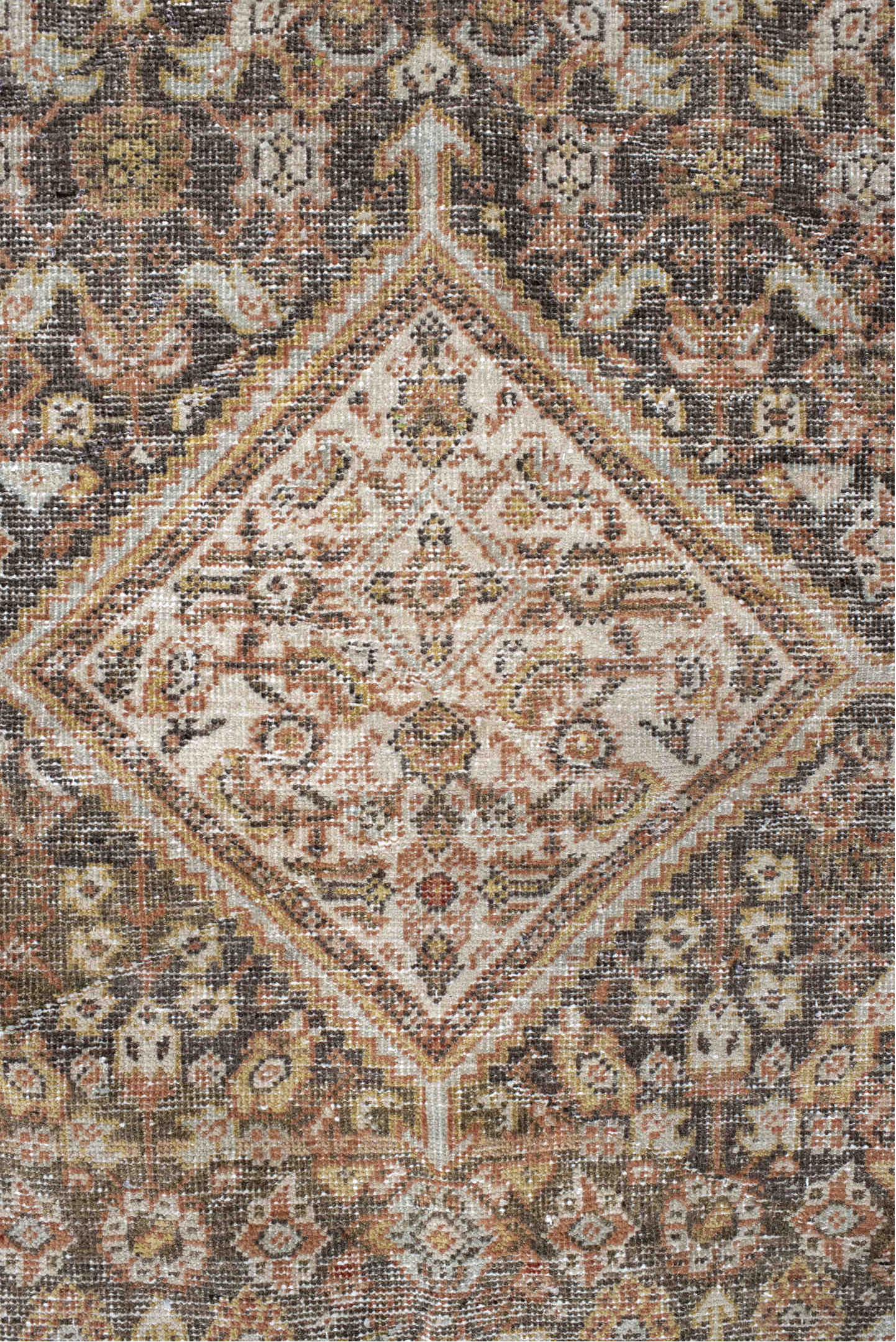4' x 6' one-of-a-kind handmade vintage Mahal small size rug. Color palette: black, brown, gray, light gray, off-white, pink