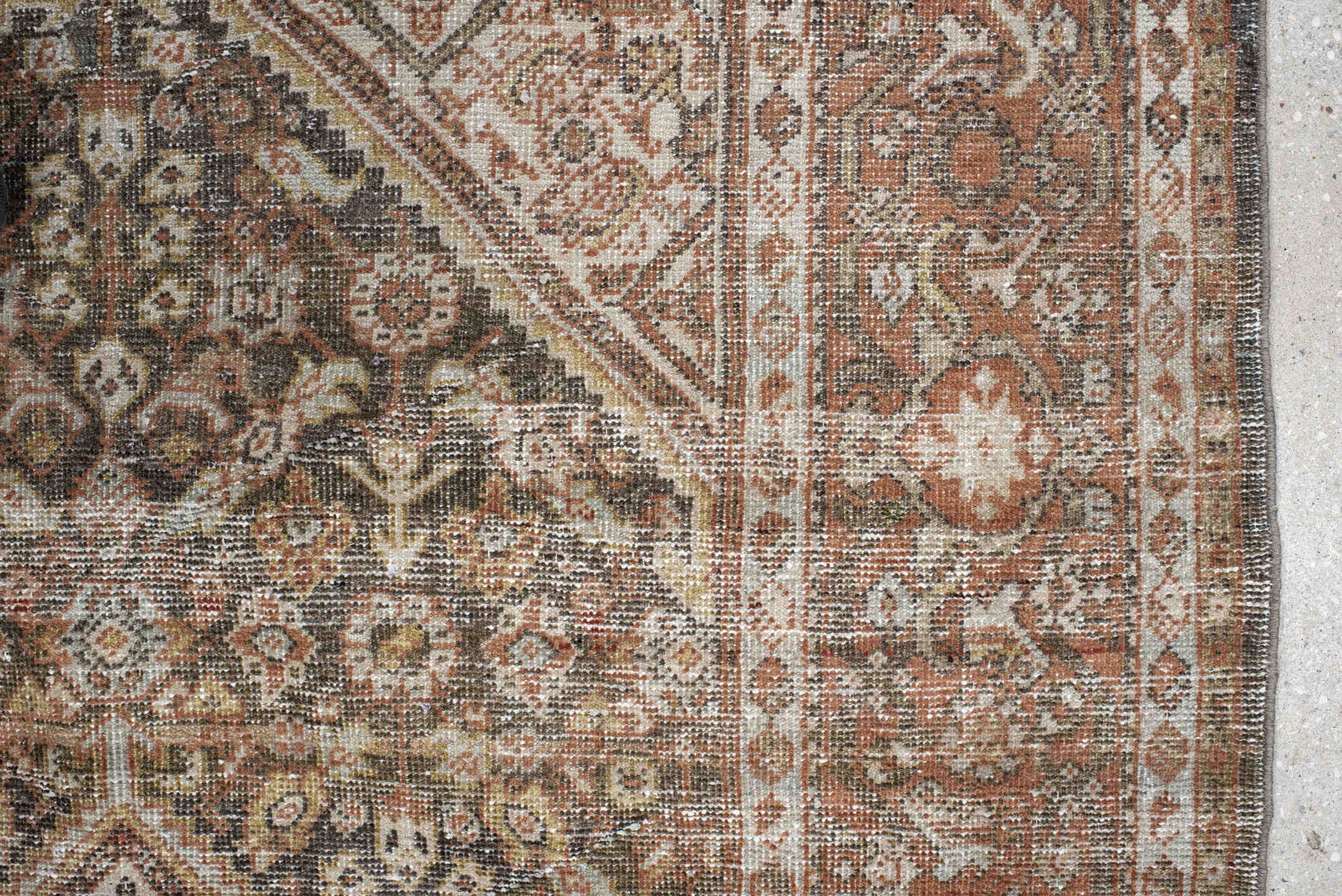 4' x 6' one-of-a-kind handmade vintage Mahal small size rug. Color palette: rust, ivory, charcoal, taupe, sage, camel, brown