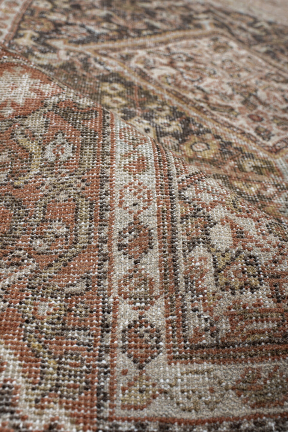 4' x 6' one-of-a-kind handmade vintage Mahal small size rug. Color palette: rust, ivory, charcoal, taupe, sage, camel, brown