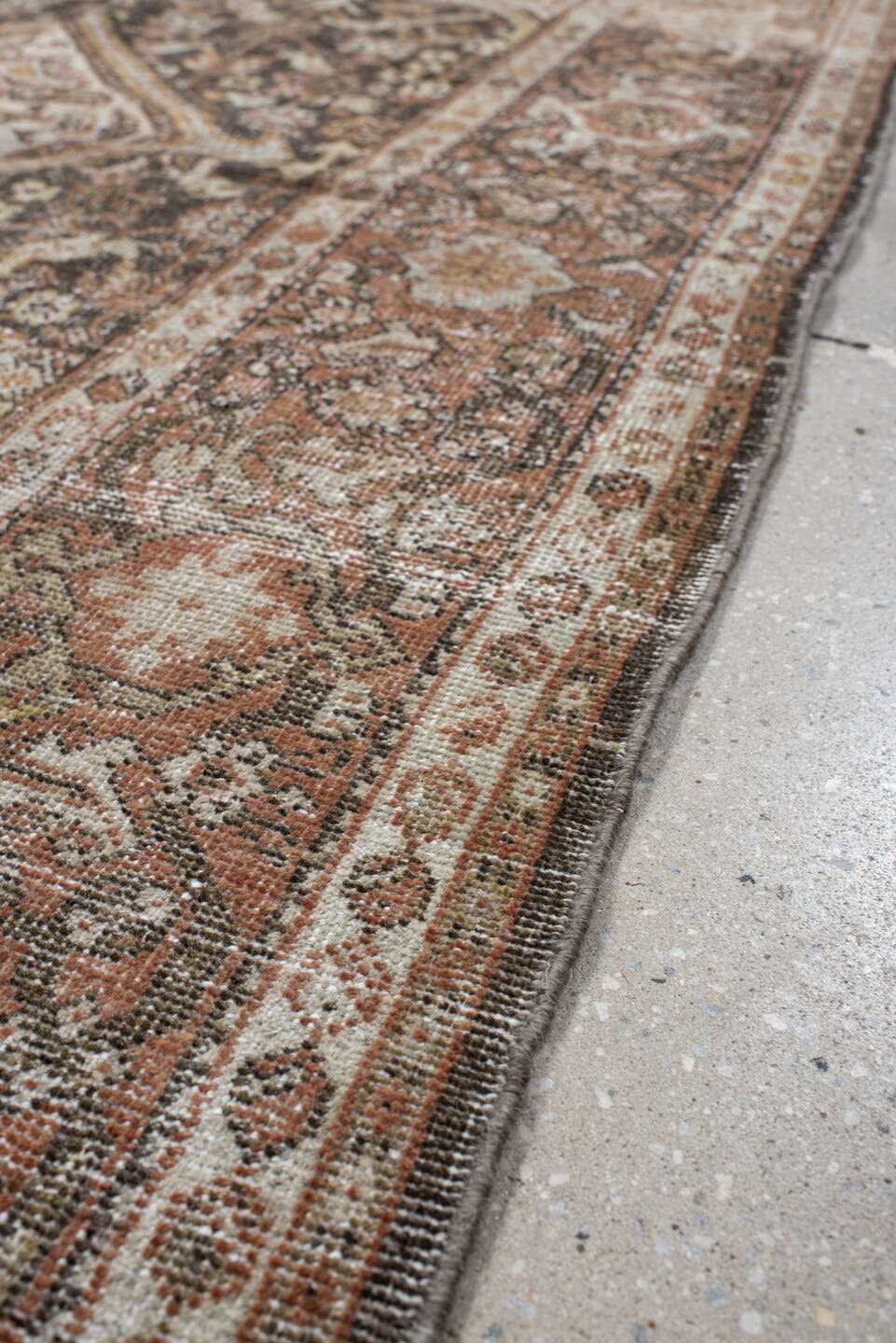 4' x 6' one-of-a-kind handmade vintage Mahal small size rug. Color palette: rust, ivory, charcoal, taupe, sage, camel, brown