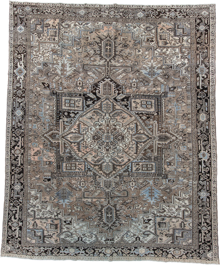 9' x 12' one-of-a-kind handmade antique Heriz large size rug. Color palette: taupe, charcoal, ivory, pale blue, brown, slate