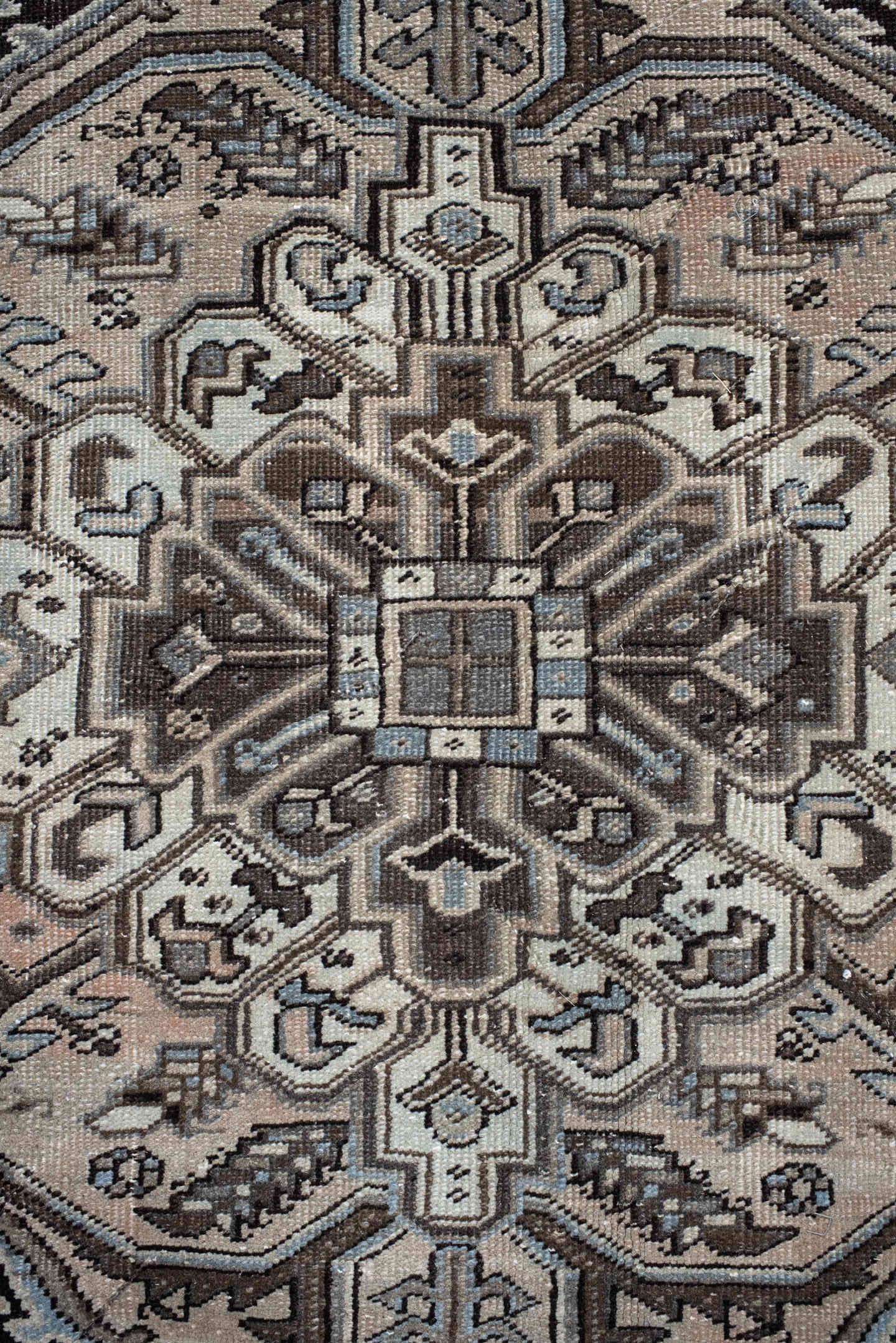 9' x 12' one-of-a-kind handmade antique Heriz large size rug. Color palette: taupe, charcoal, ivory, pale blue, brown, slate