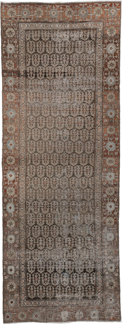 3' x 9' one-of-a-kind handmade vintage Malayer runner rug. Color palette: brown, taupe, rust, ivory, charcoal, camel, beige