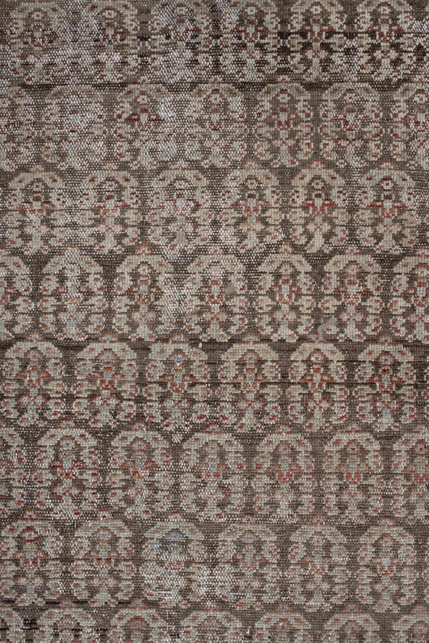 3' x 9' one-of-a-kind handmade vintage Malayer runner rug. Color palette: brown, taupe, rust, ivory, charcoal, camel, beige