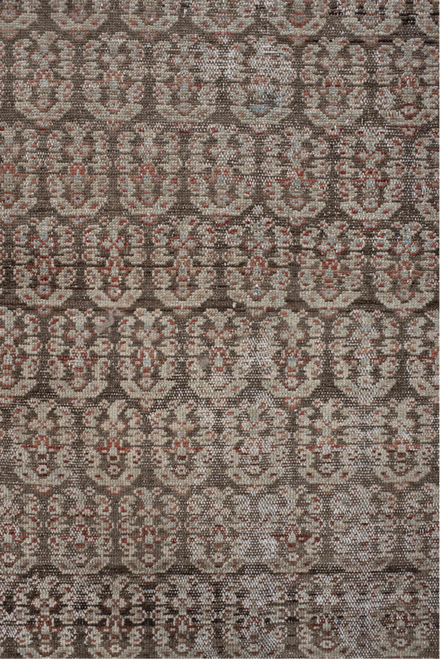 3' x 9' one-of-a-kind handmade vintage Malayer runner rug. Color palette: brown, taupe, rust, ivory, charcoal, camel, beige