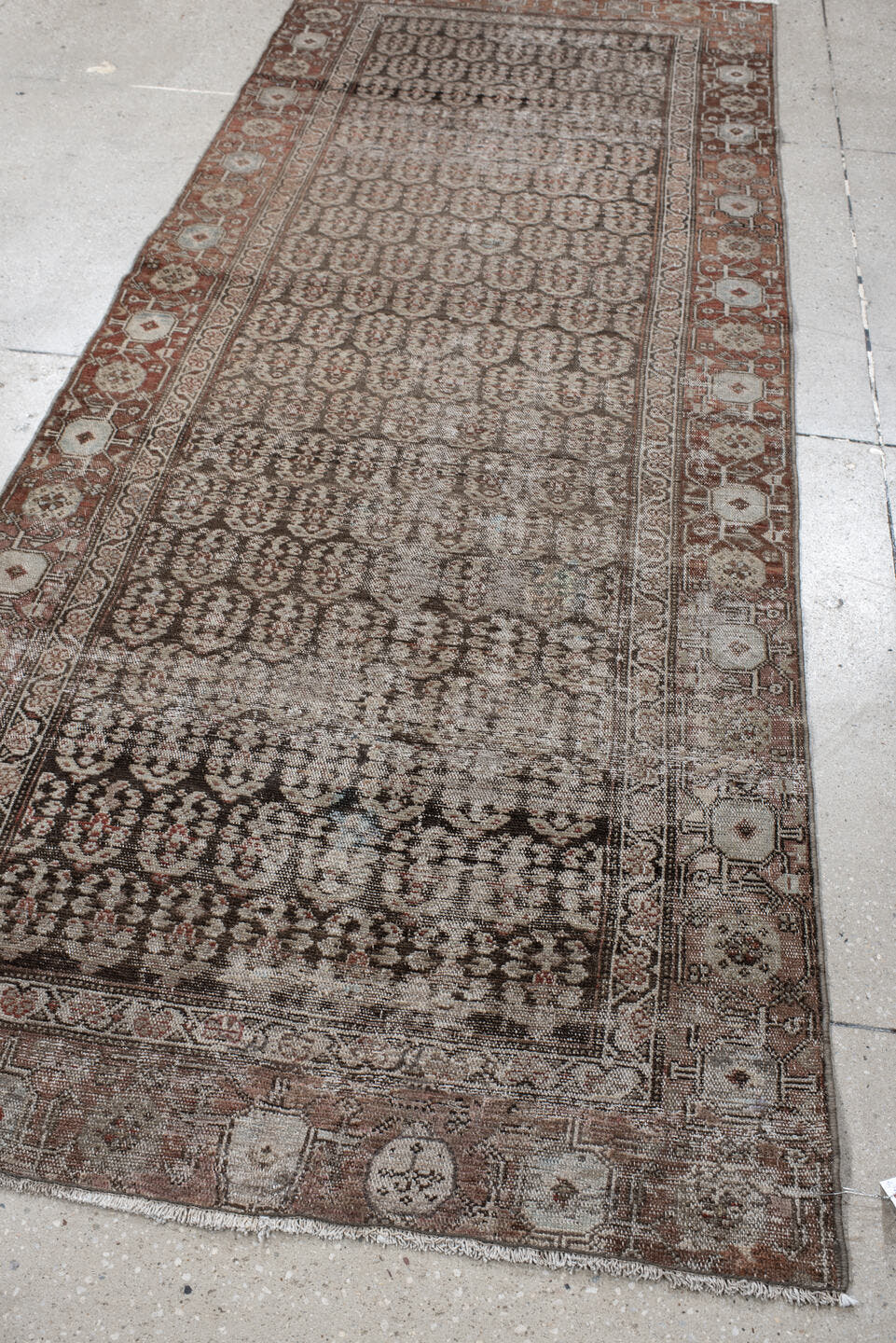 3' x 9' one-of-a-kind handmade vintage Malayer runner rug. Color palette: brown, taupe, rust, ivory, charcoal, camel, beige