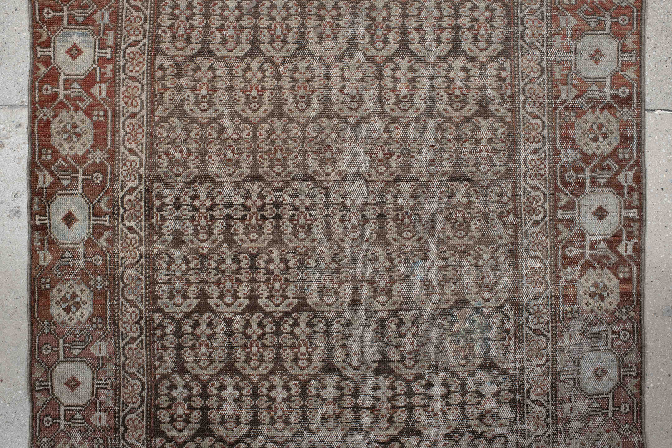 3' x 9' one-of-a-kind handmade vintage Malayer runner rug. Color palette: brown, taupe, rust, ivory, charcoal, camel, beige