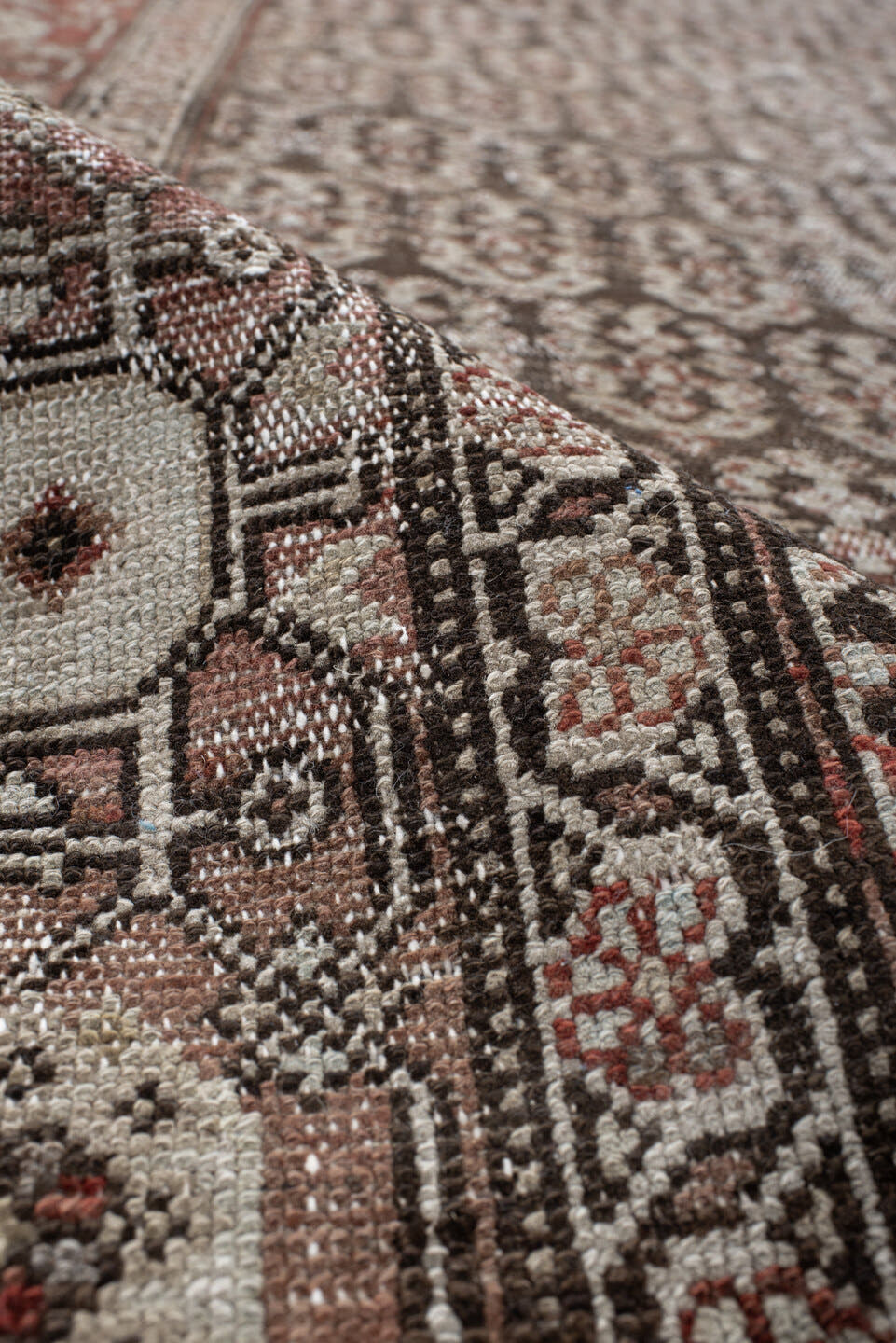3' x 9' one-of-a-kind handmade vintage Malayer runner rug. Color palette: brown, taupe, rust, ivory, charcoal, camel, beige