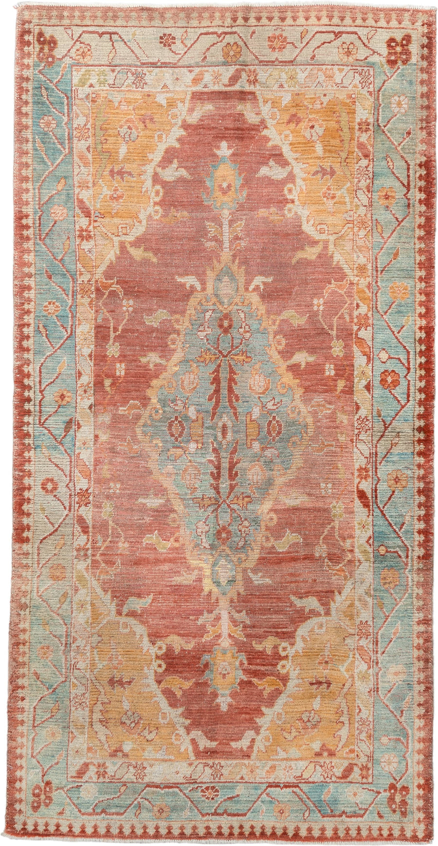 4' x 7' one-of-a-kind handmade vintage Oushak rug. Color palette: rose, aqua, ivory, peach, rust, gold, beige, pink, red