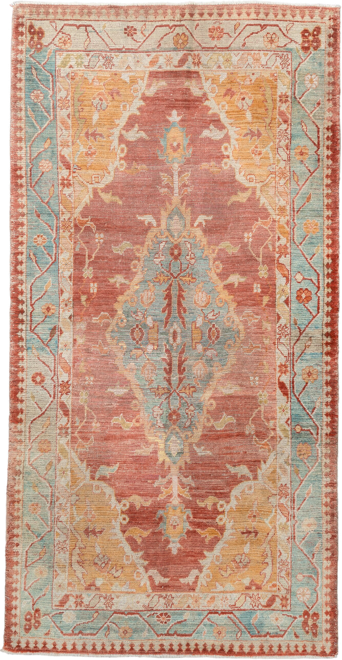 4' x 7' one-of-a-kind handmade vintage Oushak rug. Color palette: rose, aqua, ivory, peach, rust, gold, beige, pink, red