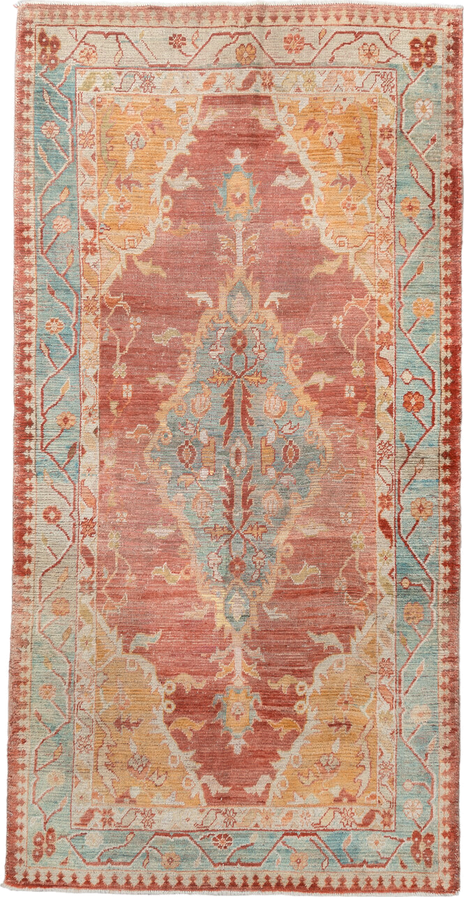 4' x 7' one-of-a-kind handmade vintage Oushak rug. Color palette: brown, gray, light gray, off-white, orange, pink, tan