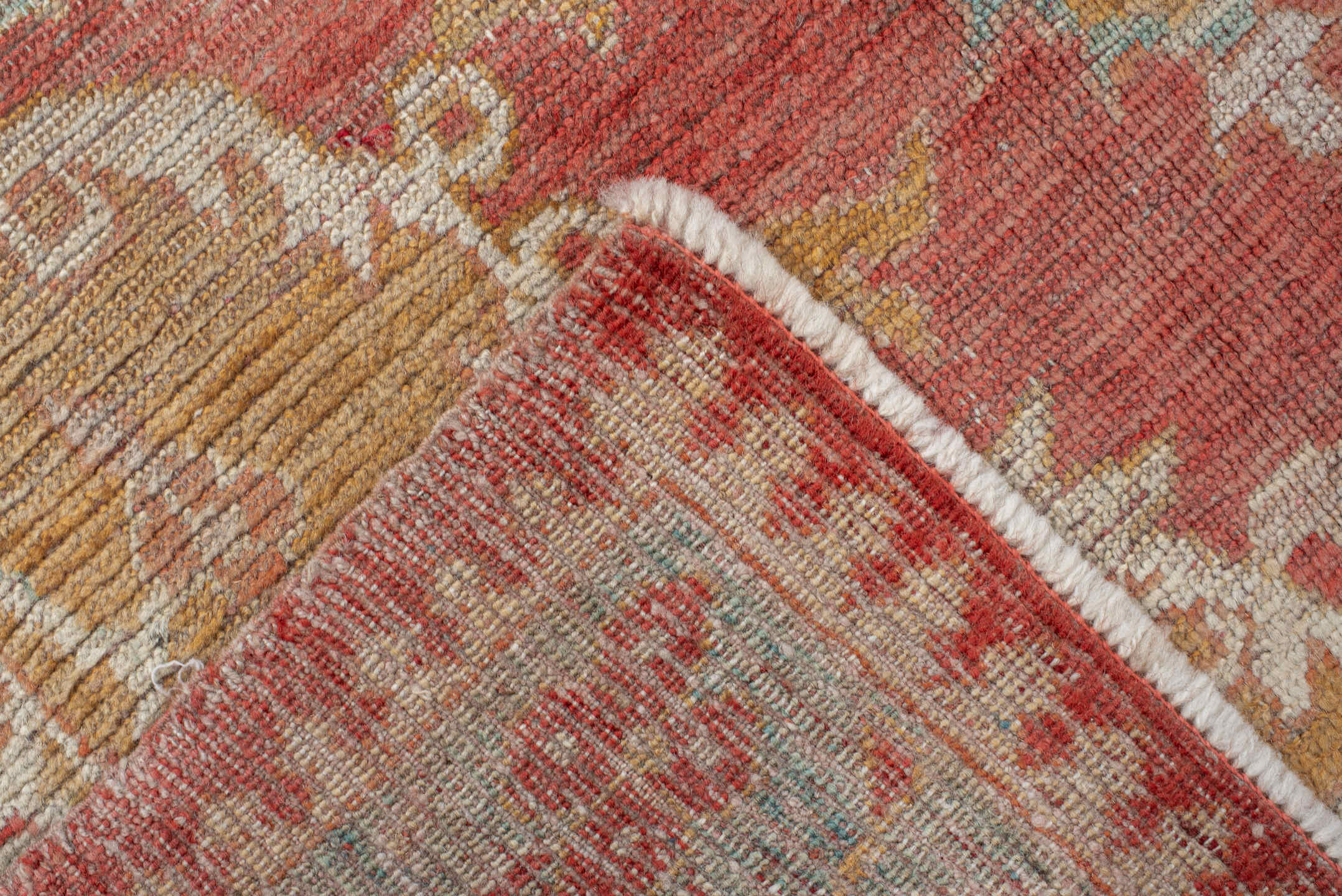 4' x 7' one-of-a-kind handmade vintage Oushak rug. Color palette: rose, aqua, ivory, peach, rust, gold, beige, pink, red