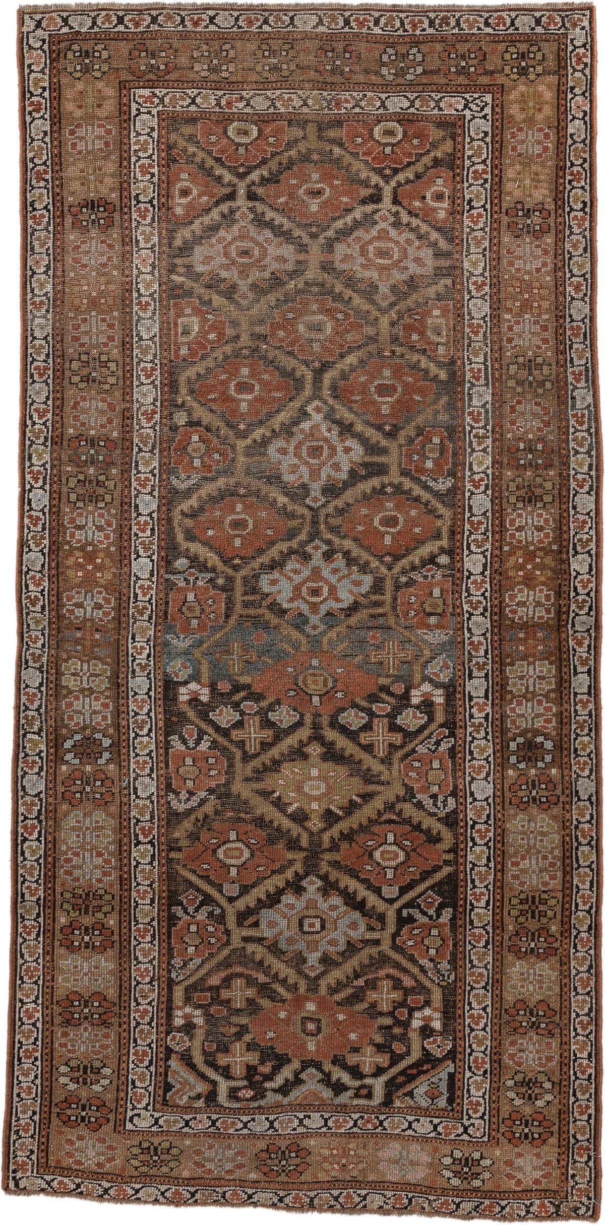 3' x 8' one-of-a-kind handmade vintage NW Persian runner rug. Color palette: brown, rust, ivory, taupe, charcoal, camel