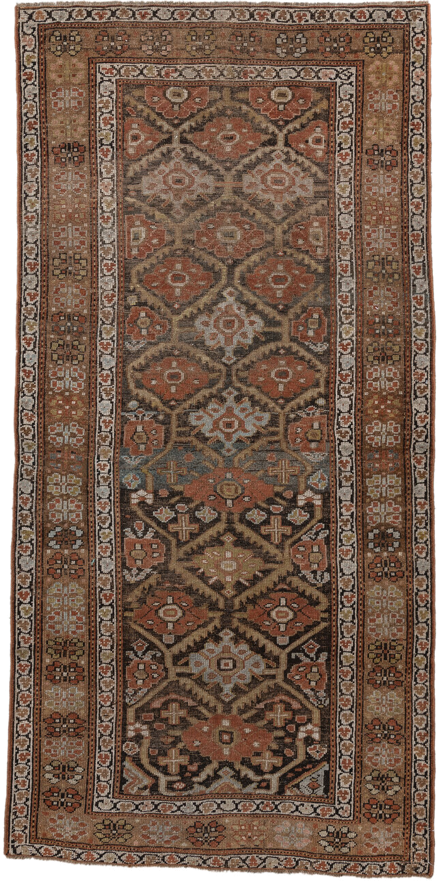 3' x 8' one-of-a-kind handmade vintage NW Persian runner rug. Color palette: brown, rust, ivory, taupe, charcoal, camel