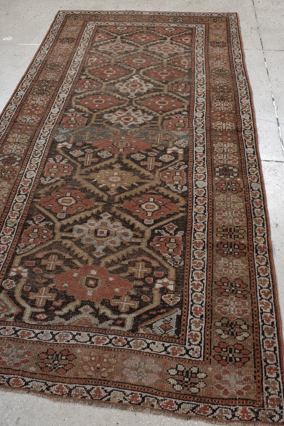 3' x 8' one-of-a-kind handmade vintage NW Persian runner rug. Color palette: brown, rust, ivory, taupe, charcoal, camel