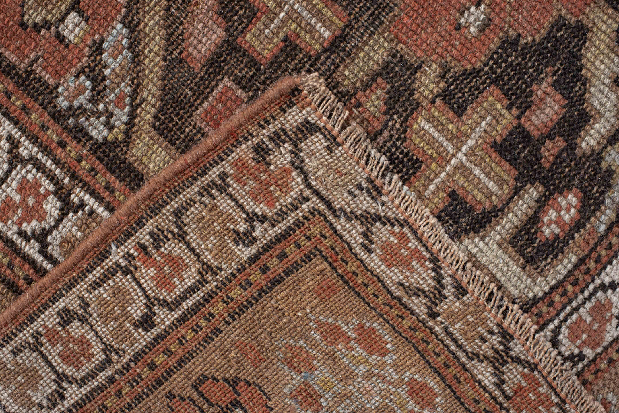 3' x 8' one-of-a-kind handmade vintage NW Persian runner rug. Color palette: brown, rust, ivory, taupe, charcoal, camel