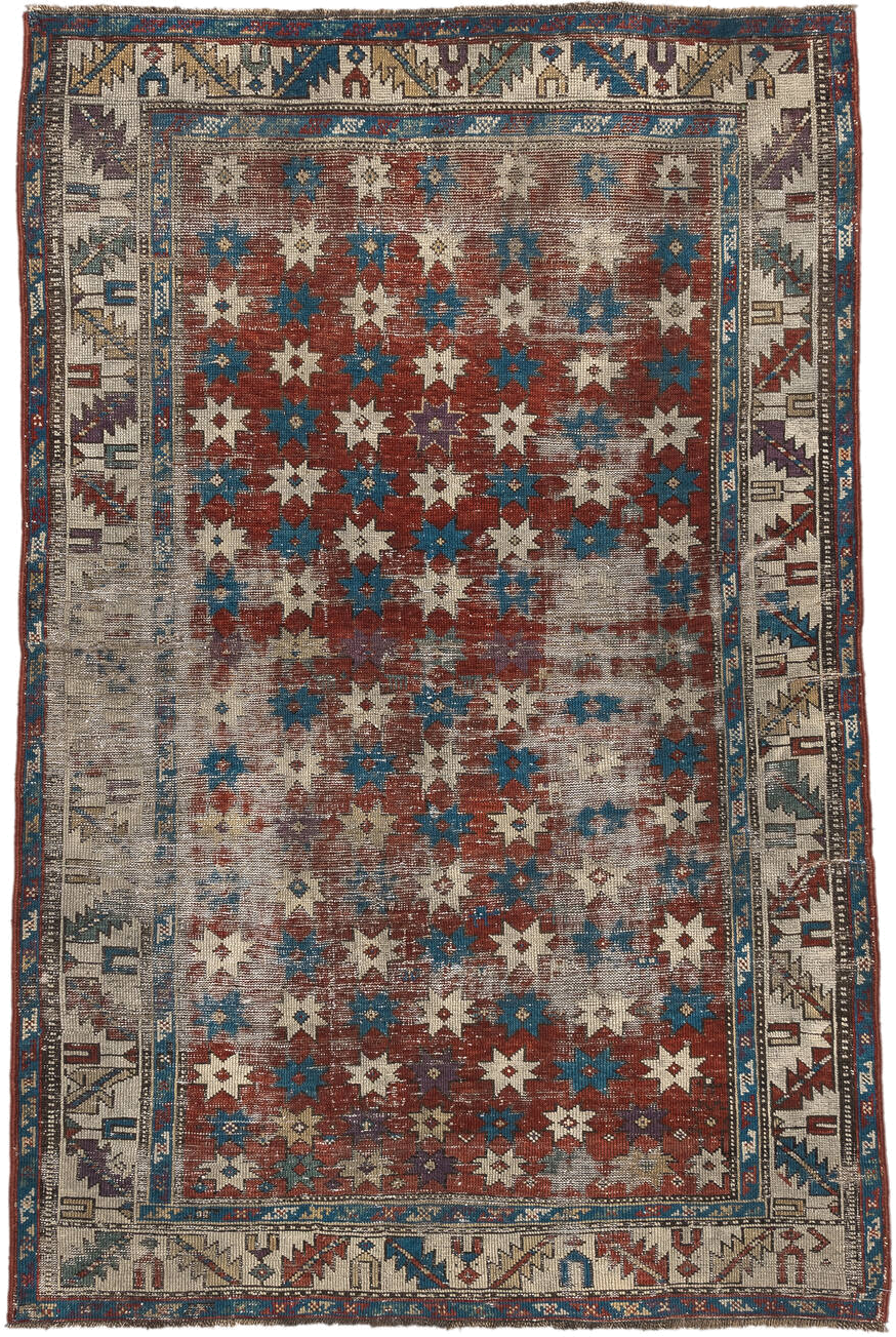 3' x 5' one-of-a-kind handmade vintage Shirvan small size rug. Color palette: rust, ivory, blue, cream, burgundy, taupe