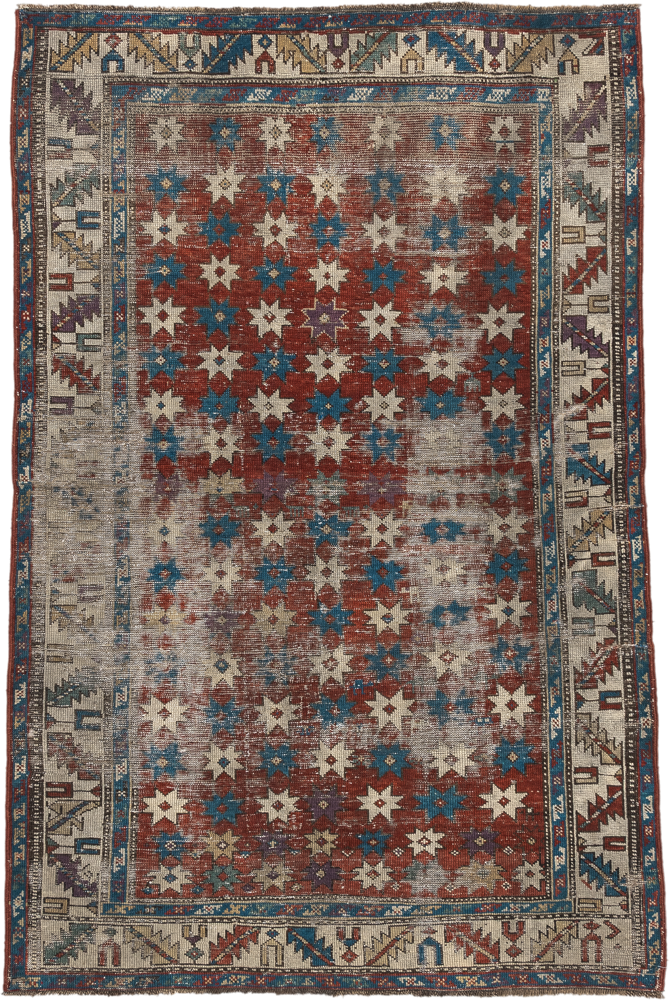 3' x 5' one-of-a-kind handmade vintage Shirvan small size rug. Color palette: rust, ivory, blue, cream, burgundy, taupe