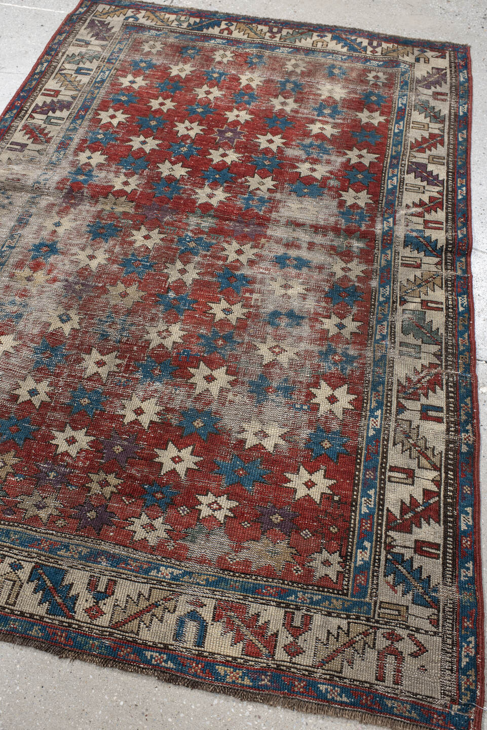 3' x 5' one-of-a-kind handmade vintage Shirvan small size rug. Color palette: rust, ivory, blue, cream, burgundy, taupe