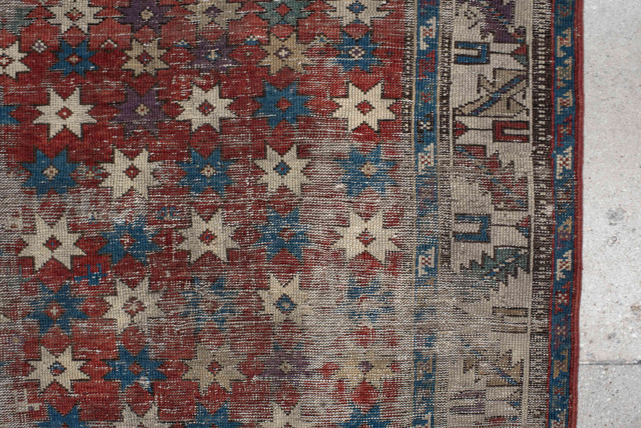 3' x 5' one-of-a-kind handmade vintage Shirvan small size rug. Color palette: rust, ivory, blue, cream, burgundy, taupe